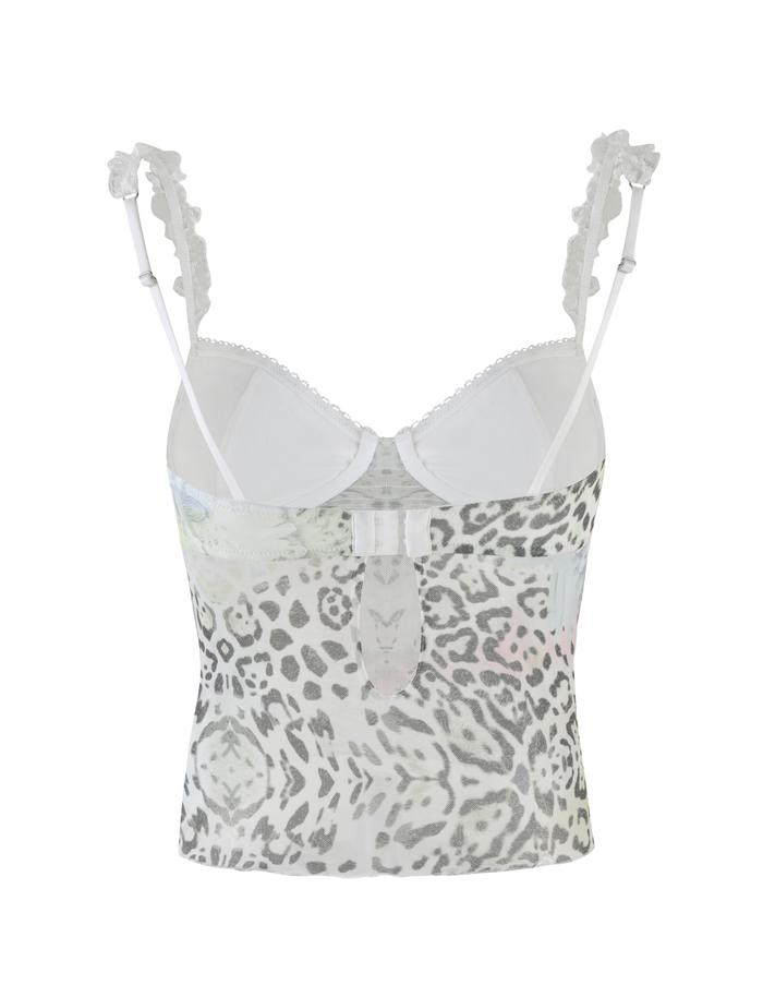 The TIGERMIST JOSEPHINE TOP - WHITE features a grey and black animal print, white lace trim, thin adjustable straps, and is shown from the back against a plain white background.