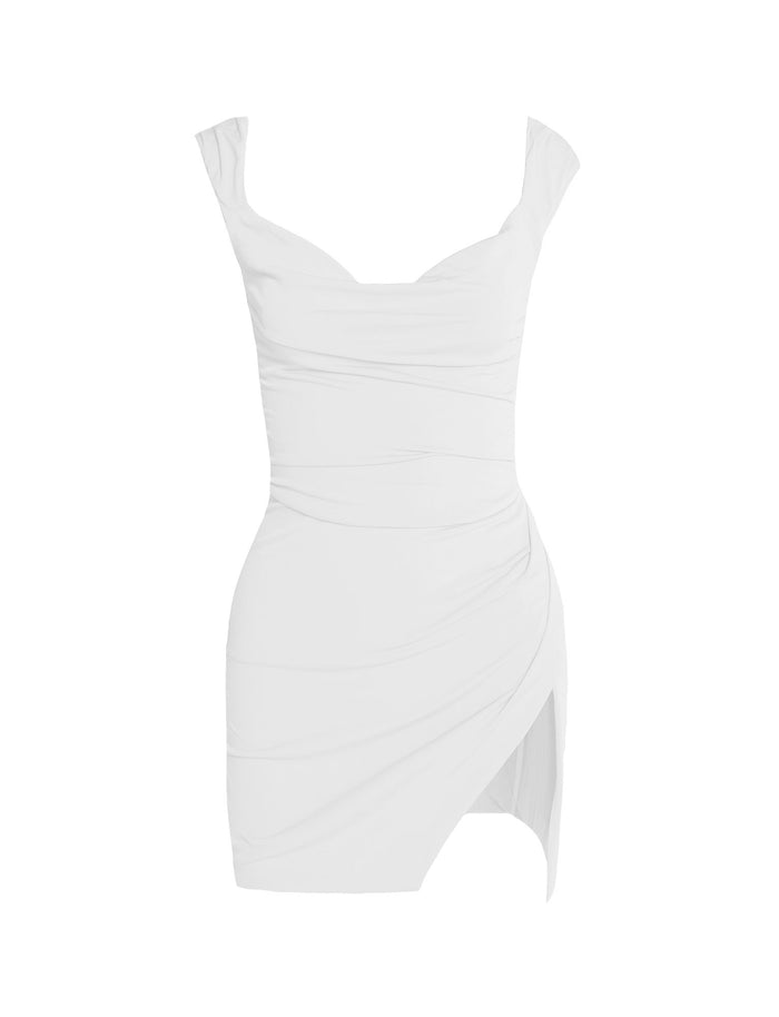 The JOSLIN DRESS - WHITE from TIGERMIST is a form-fitting mini dress featuring a draped design and an asymmetrical hemline. It boasts wide shoulder straps and a sweetheart neckline, with gathered fabric that creates a ruched effect across the torso and hip area.