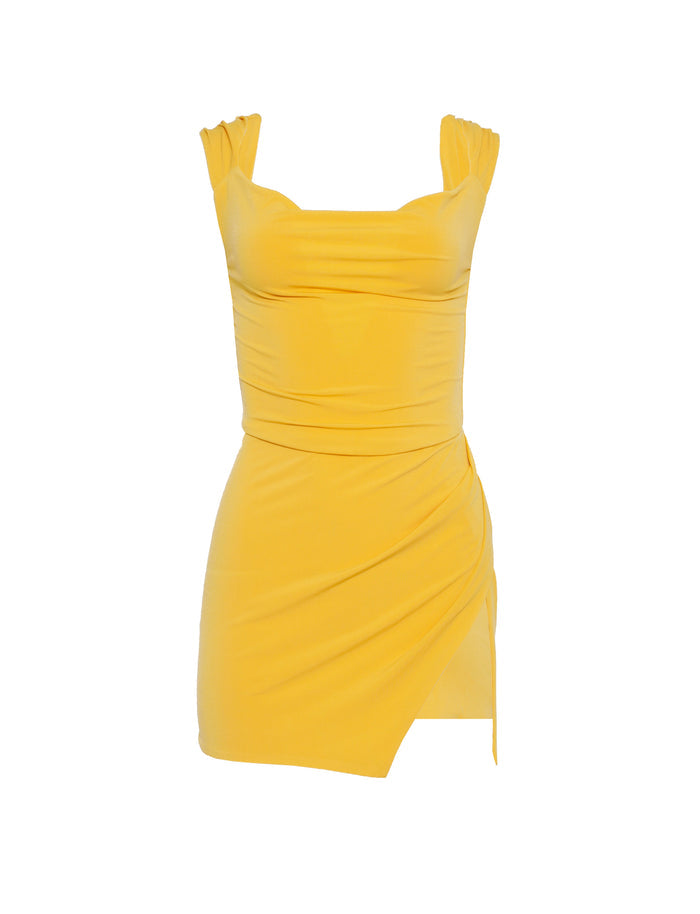 Introducing the JOSLIN DRESS in yellow by TIGERMIST: a stylish sleeveless mini dress featuring ruched detailing on the bodice, a fitted waist, and a striking low back design. The wrap-style skirt with an asymmetrical hemline enhances its elegant appeal.