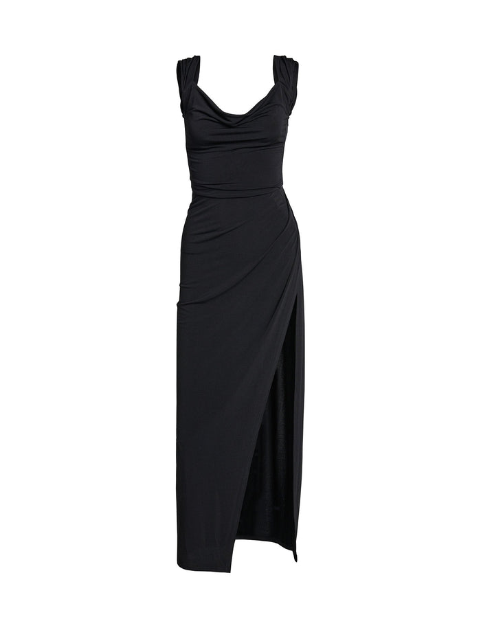The JOSLIN MAXI DRESS in black from TIGERMIST is a sleek, sleeveless evening gown featuring a draped neckline and ruching along the bodice. The floor-length dress includes a stylish high slit on one side, with its smooth, form-fitting fabric accentuating an elegant silhouette.