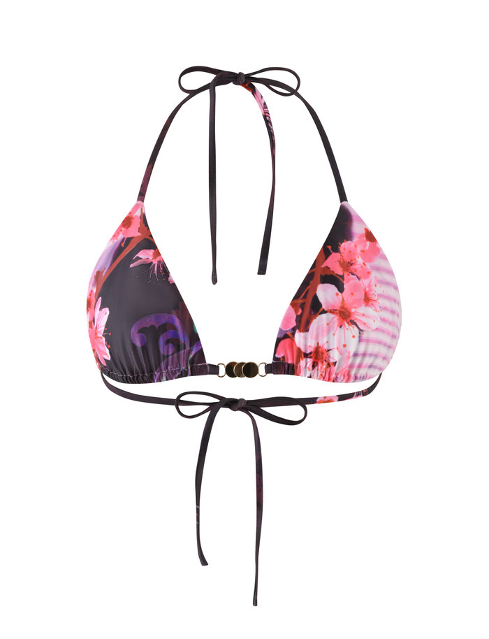 The JOVANNA BIKINI TOP by TIGERMIST features an exclusive animal floral border print in pink and purple on a dark base, crafted from slinky elastane with thin black ties and a gold accent at the front center.