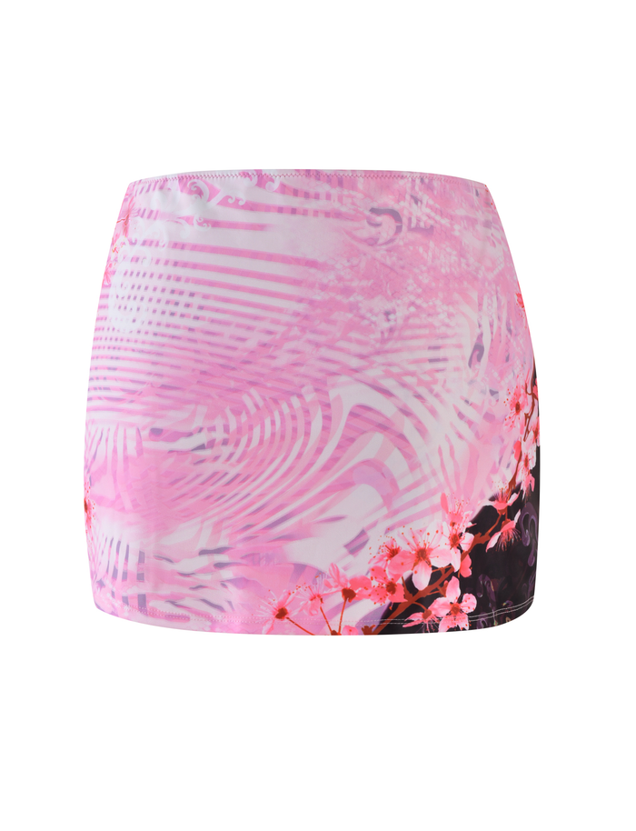 The TIGERMIST JOVANNA MINI SKIRT - MULTI features an animal floral border print with abstract wave and floral designs in pink, plus cherry blossom accents on a white background and a flattering A-line fit.