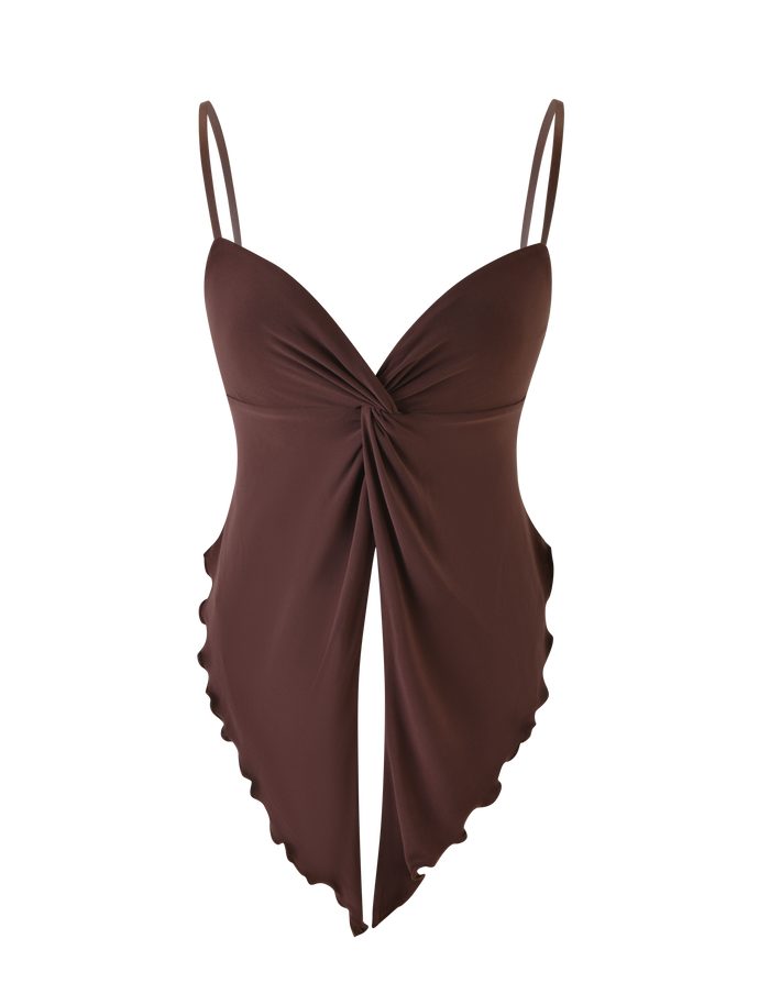 The JOVIENNE TOP - BROWN : CHOCOLATE by TIGERMIST features a twist front, spaghetti straps, and an asymmetric hem in a chic chocolate brown style.