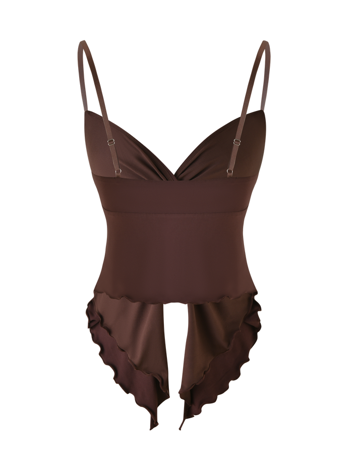 The TIGERMIST JOVIENNE TOP - BROWN : CHOCOLATE is a fitted jersey camisole bodysuit with adjustable straps, ruffled bottom trim, and smooth, stretchy fabric for an elegant, feminine look.