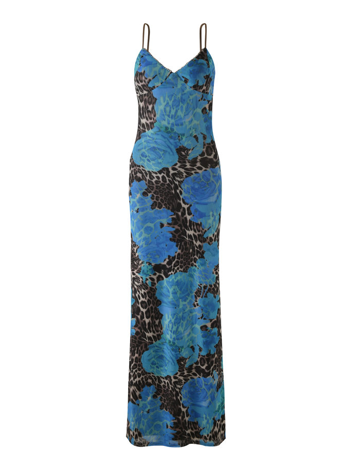 The TIGERMIST JULIANNA DRESS - BLUE : LEOPARD is a sleeveless, full-length dress with adjustable spaghetti straps and a custom blue floral pattern over a black and brown leopard print.