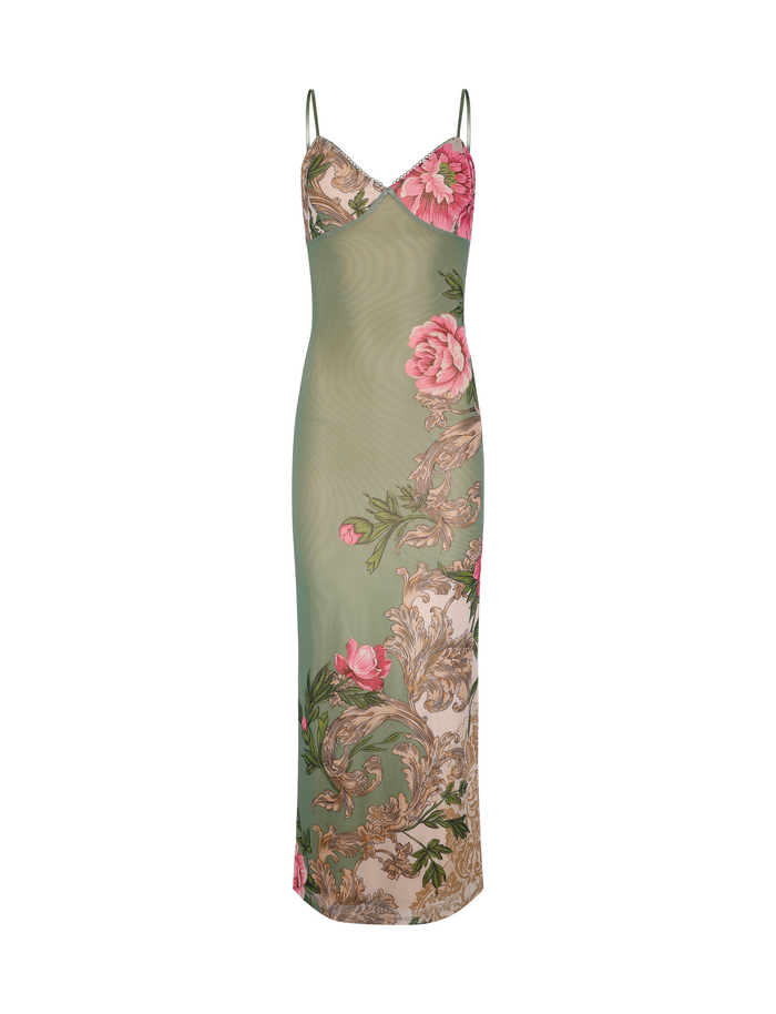 The TIGERMIST JULIANNA DRESS - GREEN features a sleeveless maxi design with thin straps and a Rococo floral print of large pink flowers and green leaves.
