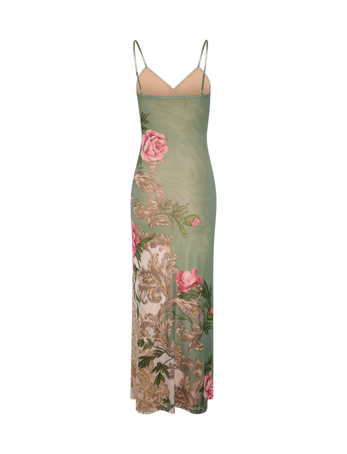 The JULIANNA DRESS by TIGERMIST is a sleeveless, floor-length Green Rococo Floral maxi with thin spaghetti straps and a pink rose and beige leaf pattern.