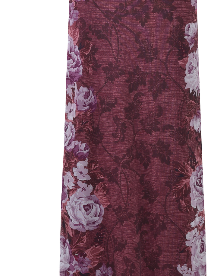 A maroon fabric with a floral stripe print of purple and white roses plus dark vines, perfect for the TIGERMIST JULIANNA DRESS - MULTI: FLORAL: ROSE STRIPE.