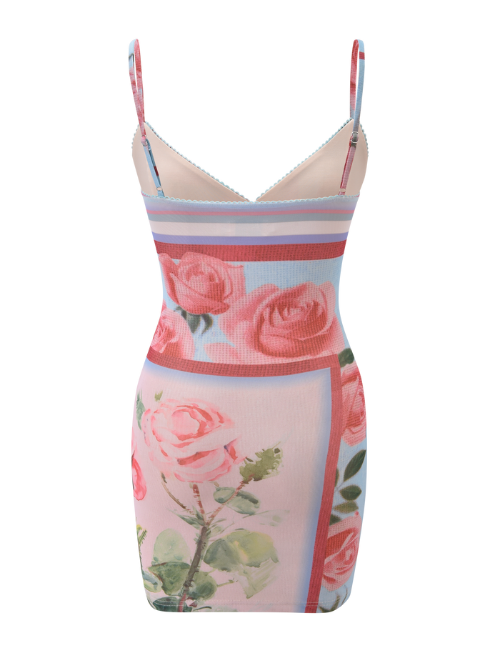 The TIGERMIST JULIANNA MINI DRESS - POSTCARD FLORAL is a sleeveless, fitted mini with thin straps, a V-neckline, and a pink-and-blue mesh floral print that exudes soft, feminine charm.