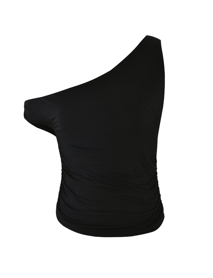 The TIGERMIST KADENCE TOP in black features a one-shoulder, sleeveless design with ruched detailing on the side. Crafted from stretchy fabric for maximum comfort, this top offers a chic asymmetrical look. Presented against a plain white background, it epitomizes modern elegance.