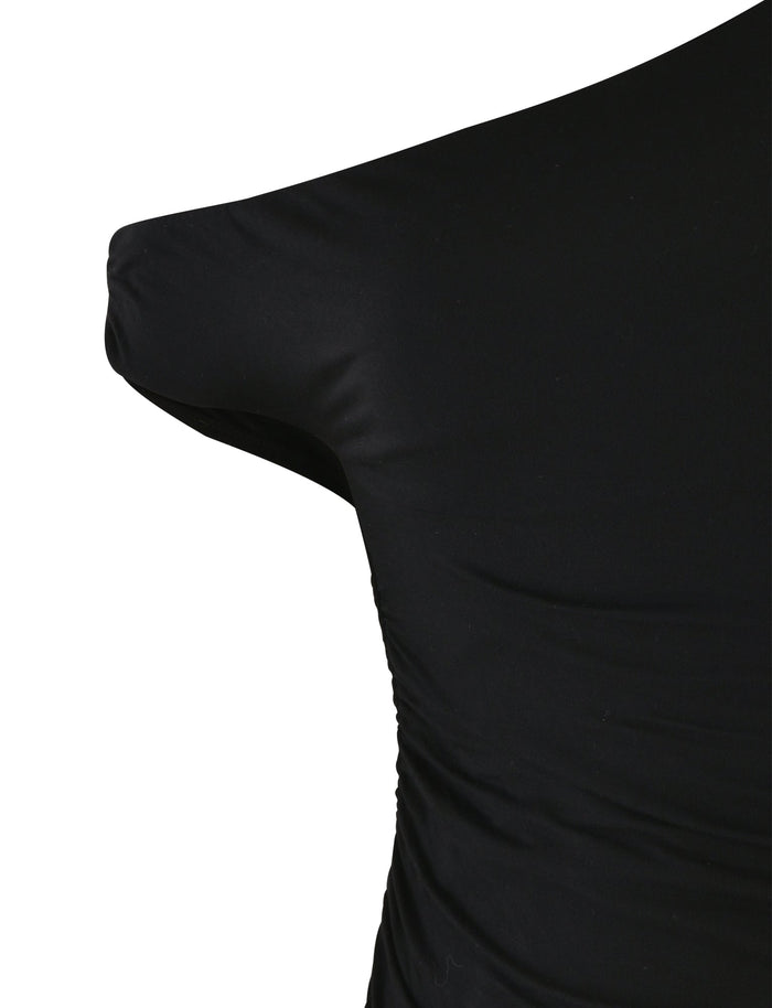 Close-up of a person's shoulder and upper back wearing the form-fitting KADENCE TOP - BLACK by TIGERMIST. The slightly gathered fabric shows a snug fit and smooth texture against a white background.
