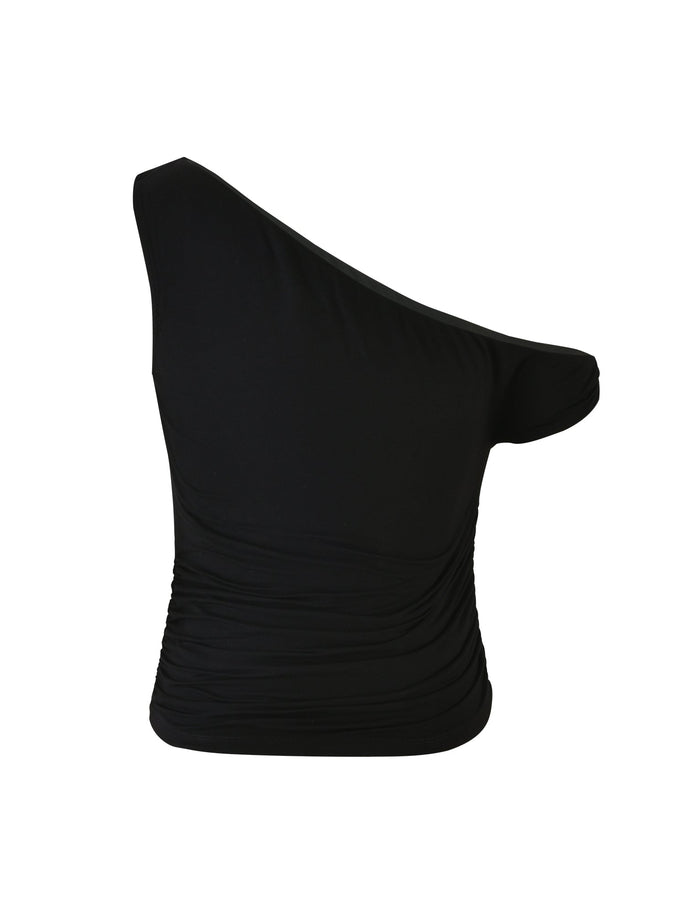 The KADENCE TOP - BLACK from TIGERMIST features a chic, one-shoulder design with a fitted and slightly ruched style. One side is sleeveless while the other has a single short sleeve, creating an eye-catching asymmetrical neckline. The stretchy fabric guarantees a sleek, form-fitting silhouette.