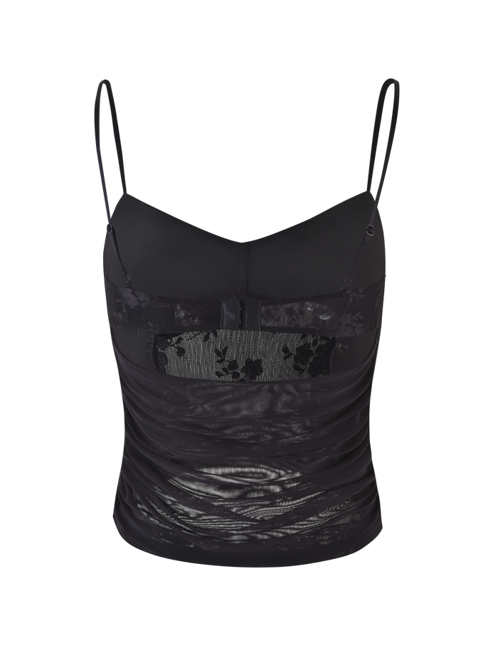 The KALLIE TOP - BLACK by TIGERMIST is a black lace camisole with thin adjustable straps, semi-sheer mesh panels, and a delicate lace design across the chest.