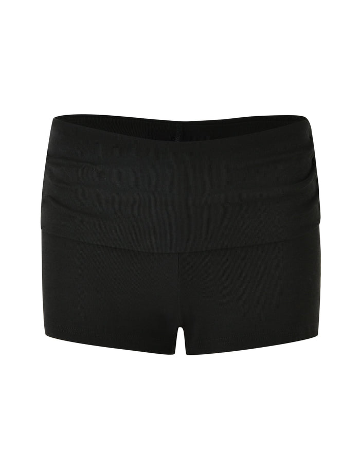 The KARINA RIB SHORT - BLACK by TIGERMIST are a pair of high-waisted shorts viewed from the front, featuring ribbed fabrication for added texture. These shorts have a sleek, simple design and are made of stretchy fabric. They include a wide waistband and offer a snug fit, making them suitable for both athletic and casual wear. The background is plain white.