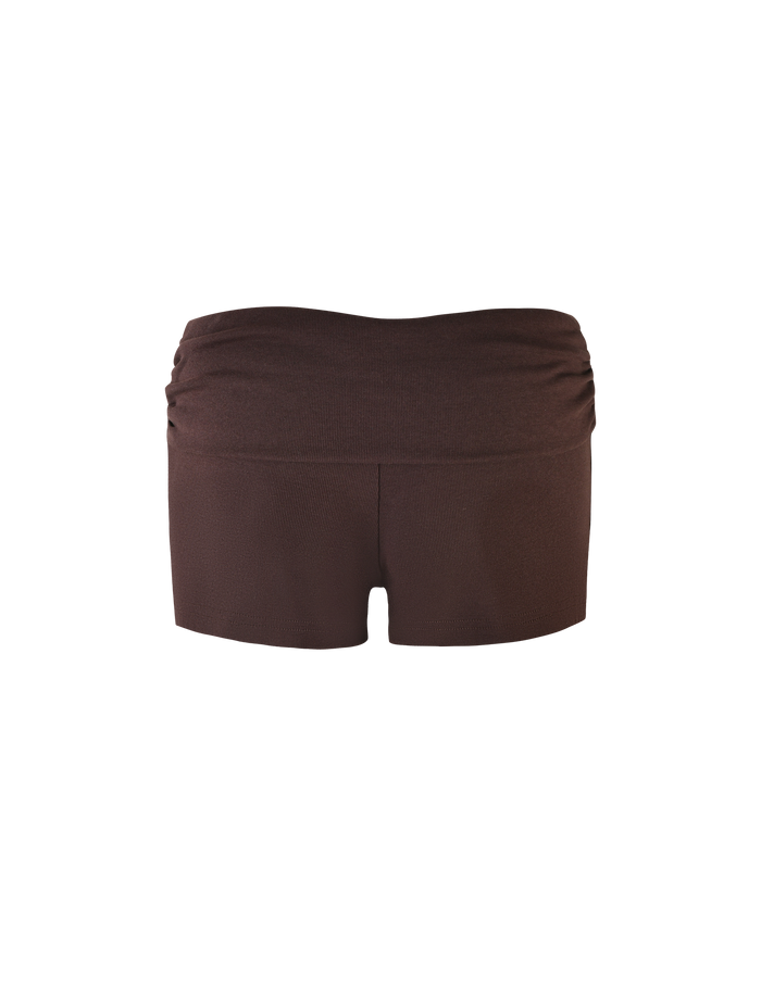 A pair of TIGERMIST KARINA RIB SHORT - BROWN : CHOCOLATE, featuring a low-rise waist and fitted silhouette, displayed against a white background.