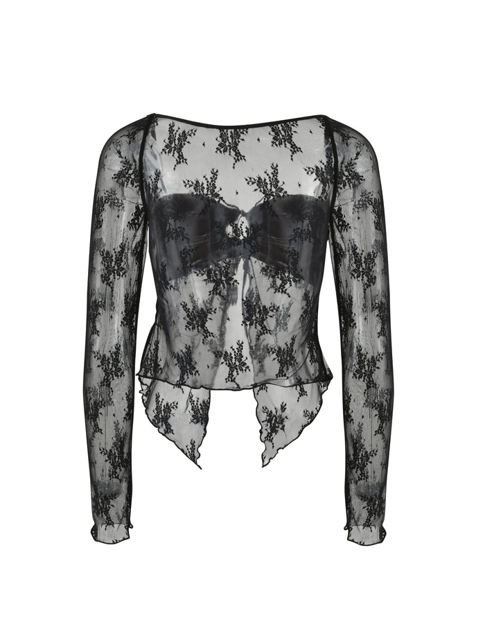 The Karolina Long Sleeve Top - Black by TIGERMIST features a long-sleeved design with a sweetheart neckline and an irregular, asymmetrical hemline. Made from sheer fabric, it showcases an intricate floral pattern throughout, with the bodice lined for added coverage.
