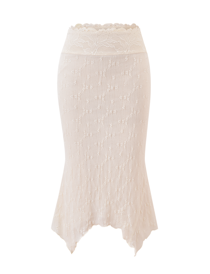 The KATERINA MIDI SKIRT - CREAM by TIGERMIST is a high-waisted, cream stretch lace midi skirt with a scalloped waistband, floral pattern, and asymmetrical flared hem, shown against a white background.