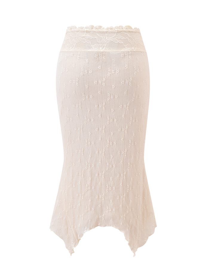 The TIGERMIST KATERINA MIDI SKIRT in cream features stretch lace, a fitted waist, subtle floral details, and a scalloped asymmetrical hem. Displayed on a plain white background.