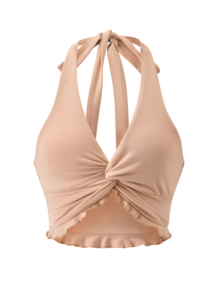 The KATYA TOP - TAN by TIGERMIST features a halter neck with front twist detail, frill hem, and open back tie for a chic, flirty vibe.