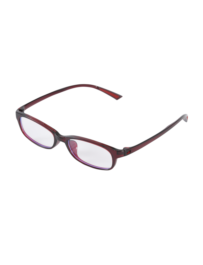The KAYA FASHION GLASSES - DEEP RED by TIGERMIST feature a sleek acrylic red frame and clear lenses in a narrow rectangular shape, shown angled on a white background.