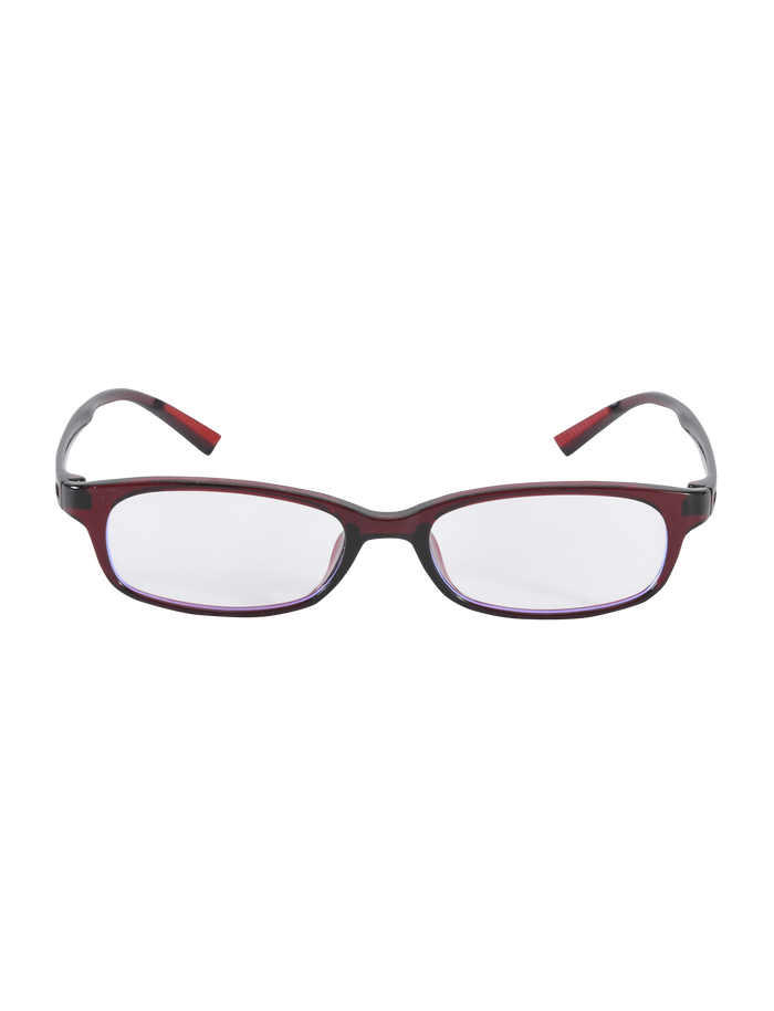 The KAYA FASHION GLASSES - DEEP RED by TIGERMIST features narrow rectangular acrylic red frames and transparent lenses, displayed against a plain white background.