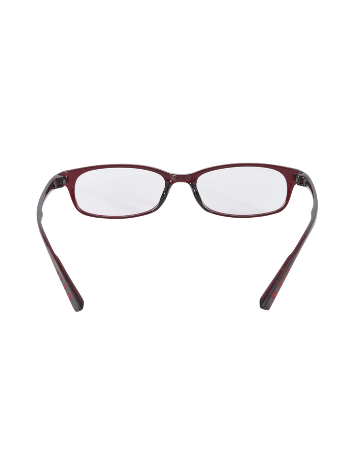The KAYA FASHION GLASSES - DEEP RED by TIGERMIST are narrow rectangular glasses with a deep red acrylic frame and clear lenses, shown from the front on a plain white background.