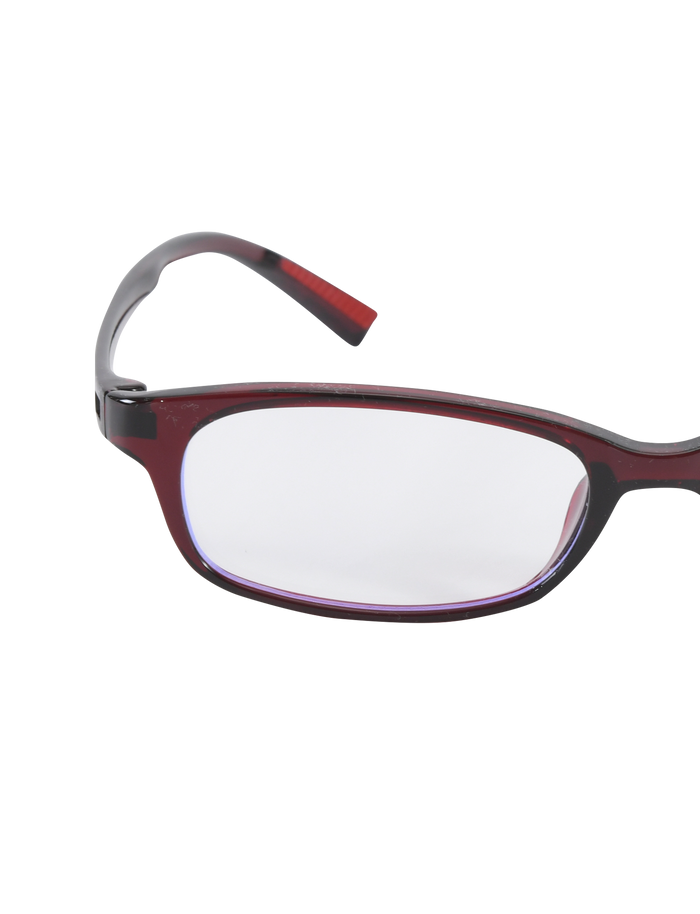 A close-up of the right side of TIGERMIST KAYA FASHION GLASSES - DEEP RED, featuring a narrow rectangular acrylic red frame and clear lens, set against a plain white background.