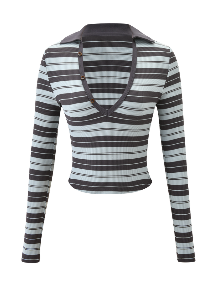 The TIGERMIST KAYDIN LONG SLEEVE TOP - BLUE STRIPE features horizontal black, gray, and blue stripes, a deep V-neck with a wide collar, and chic asymmetric button detailing along one side of the neckline.