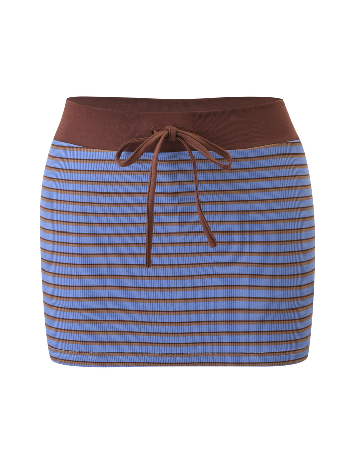 The KAYDIN SKORT by TIGERMIST features horizontal blue and brown stripes, a solid brown waistband with a front tie, and a fitted ribbed texture for a modern, casual look.