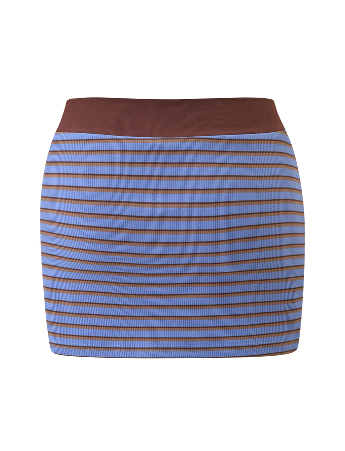 The TIGERMIST KAYDIN SKORT features horizontal blue and brown stripes with a solid brown waistband. This short, fitted skort is shown against a white background.