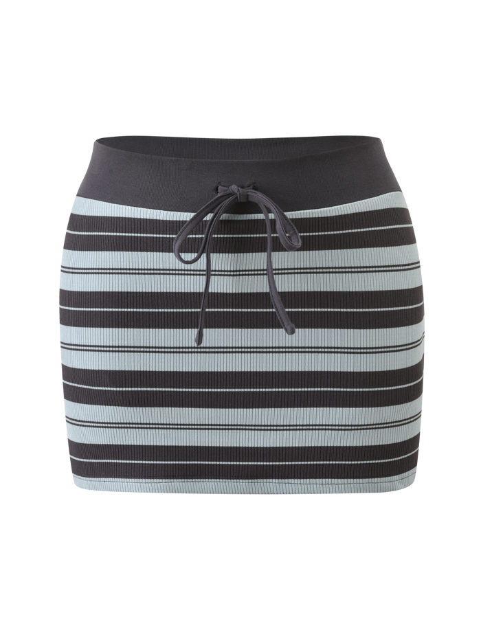 The KAYDIN SKORT by TIGERMIST is a fitted knit mini skirt with horizontal blue stripes and a black drawstring at the waist, shown on a white background.