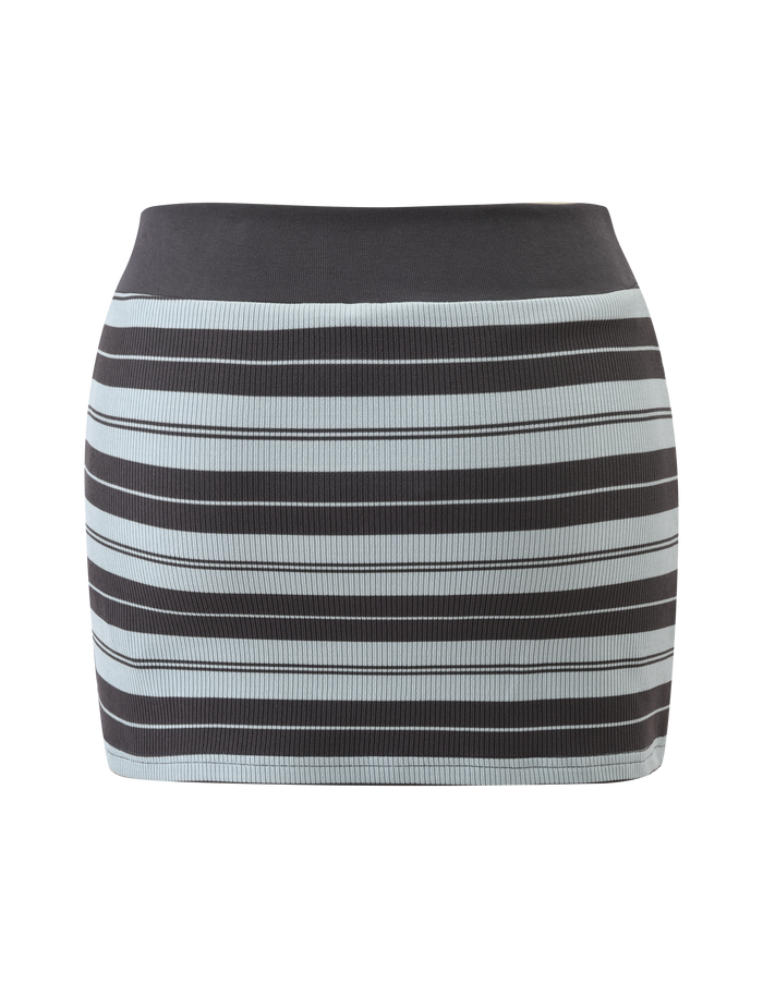 The TIGERMIST KAYDIN SKORT - BLUE STRIPE is a fitted knit mini skort featuring horizontal black, dark gray, and light blue stripes, shown on a white background.