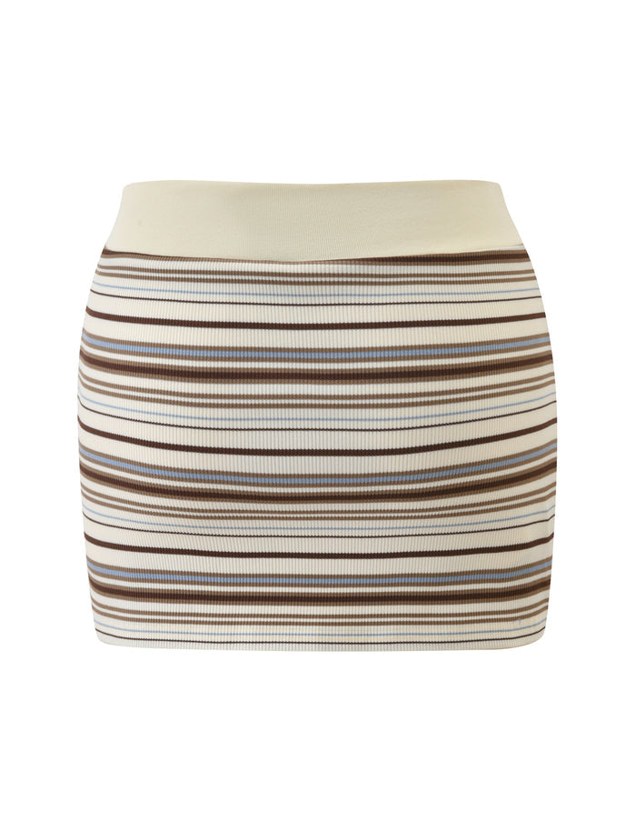 The TIGERMIST KAYDIN SKORT - CREAM STRIPE is a ribbed, fitted knit mini skort featuring horizontal brown and beige stripes, shown against a plain white background.