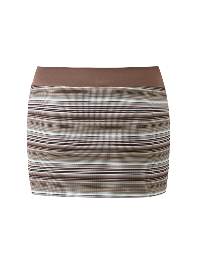 The TIGERMIST KAYDIN SKORT - MULTISTRIPE features a fitted bodycon micro mini style in rib knit stripes of brown, beige, white, and gray, with a solid brown waistband and hidden mini shorts. Shown on a plain white background.
