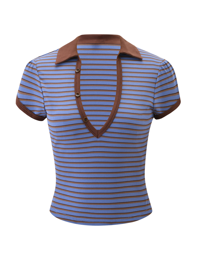 The KAYDIN TOP by TIGERMIST features blue and brown horizontal stripes, a rib knit texture, deep V-neck with brown buttons, matching collar, and brown-trimmed cuffs, shown against a white background.
