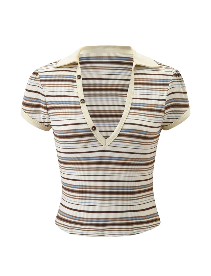 The KAYDIN TOP - CREAM STRIPE by TIGERMIST is a rib knit shirt with short sleeves, cream collar, deep V-neckline with buttons, fitted silhouette, and horizontal brown and beige stripes.