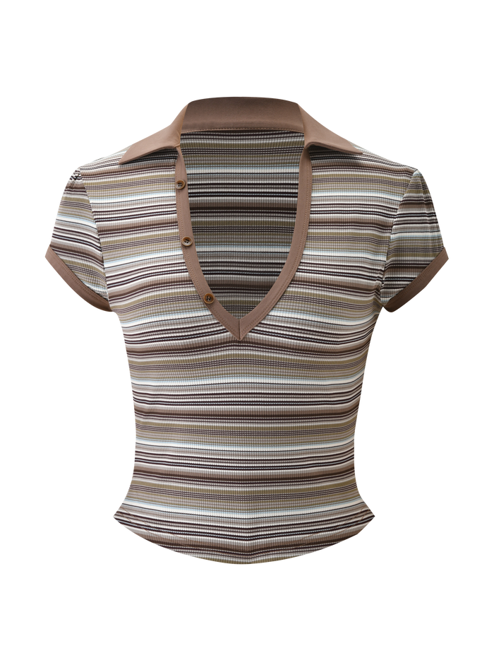 The TIGERMIST KAYDIN TOP - MULTISTRIPE is a short-sleeve, collared shirt with a v-neckline and button details, made from striped rib knit in brown, beige, and cream on white.