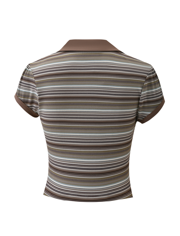 The KAYDIN TOP - MULTISTRIPE by TIGERMIST is a collared, short sleeve v-neck shirt with horizontal brown, beige, and gray stripes, shown from the back against a white background.