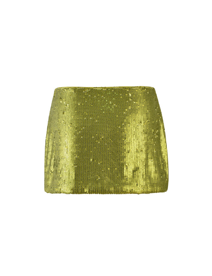 A KAYE SKIRT - GREEN: GREEN SEQUIN by TIGERMIST. This green sequin mini skirt features a straight hem and a shimmering, reflective surface due to the sequins, photographed against a plain white background.