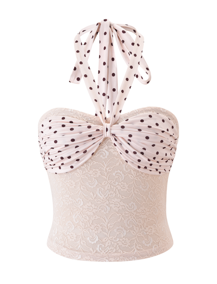 The KAYLI TOP - CREAM by TIGERMIST is a strapless lace bustier with a sweetheart neckline, white polka dot halter tie, and gathered front detail.
