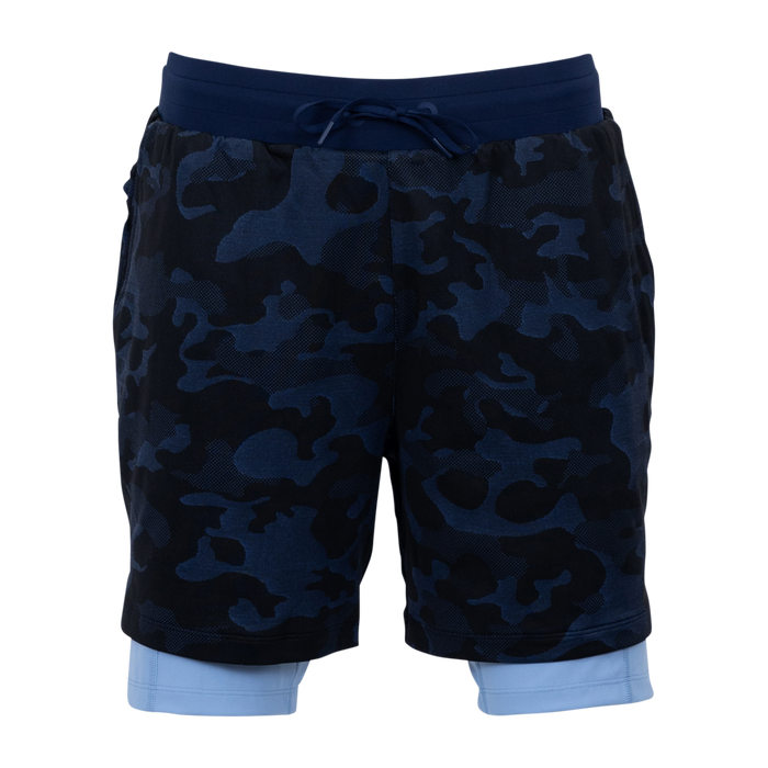 Maltese Blue Kennebec Camo Short with built-in liner, front view - men's performance shorts | Greyson Clothiers