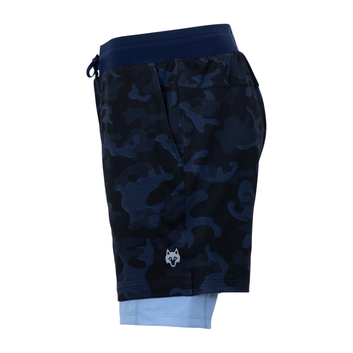 Maltese Blue Kennebec Camo Short side profile, wolf logo and light blue built-in liner - men's golf shorts | Greyson Clothiers