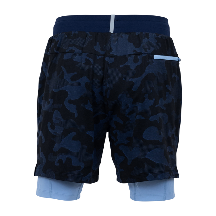 Maltese Blue Kennebec Camo Short back view, zip pocket and light blue built-in liner - performance shorts | Greyson Clothiers