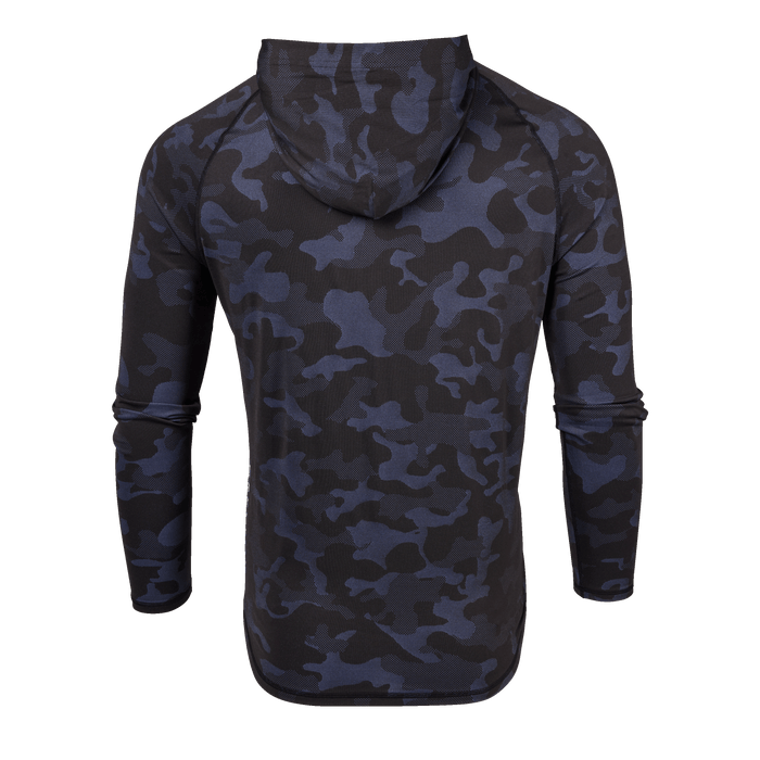 Maltese Blue Camo Kennebec Sport Hoodie - Back View, Raglan Sleeve Four-Way Stretch | Greyson Clothiers