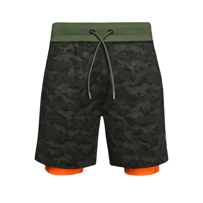 Camp Kennebec Wolfpack Camo Men's Performance Short - Front View, Orange Layered Liner | Greyson Clothiers