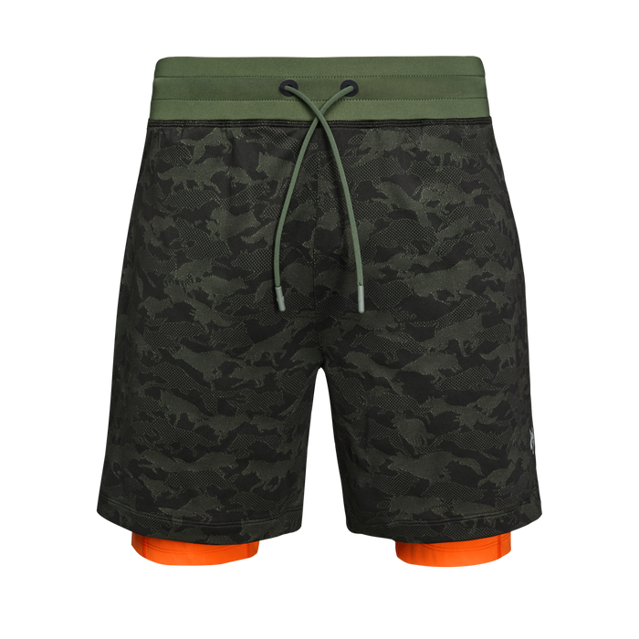 Camp Wolfpack Camo Short - Front Close-Up, Wolf Logo, Orange Liner & Drawstring Detail | Greyson Clothiers