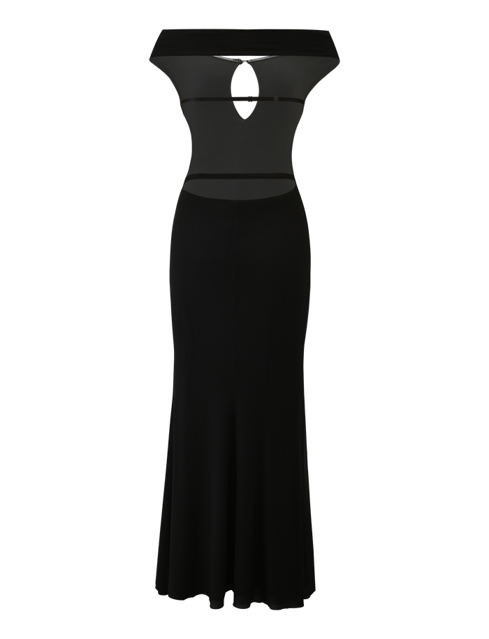 The TIGERMIST KERRIGAN MAXI DRESS - BLACK features an off-shoulder, floor-length design with a fitted bodice, chest cut-out, and sheer mesh panels at the waist and neckline.