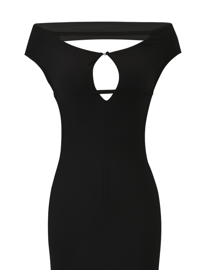 The TIGERMIST KERRIGAN MAXI DRESS in black features a sleeveless, fitted bodice, wide off-the-shoulder neckline, and a teardrop chest cutout for an effortlessly chic, minimalist look.