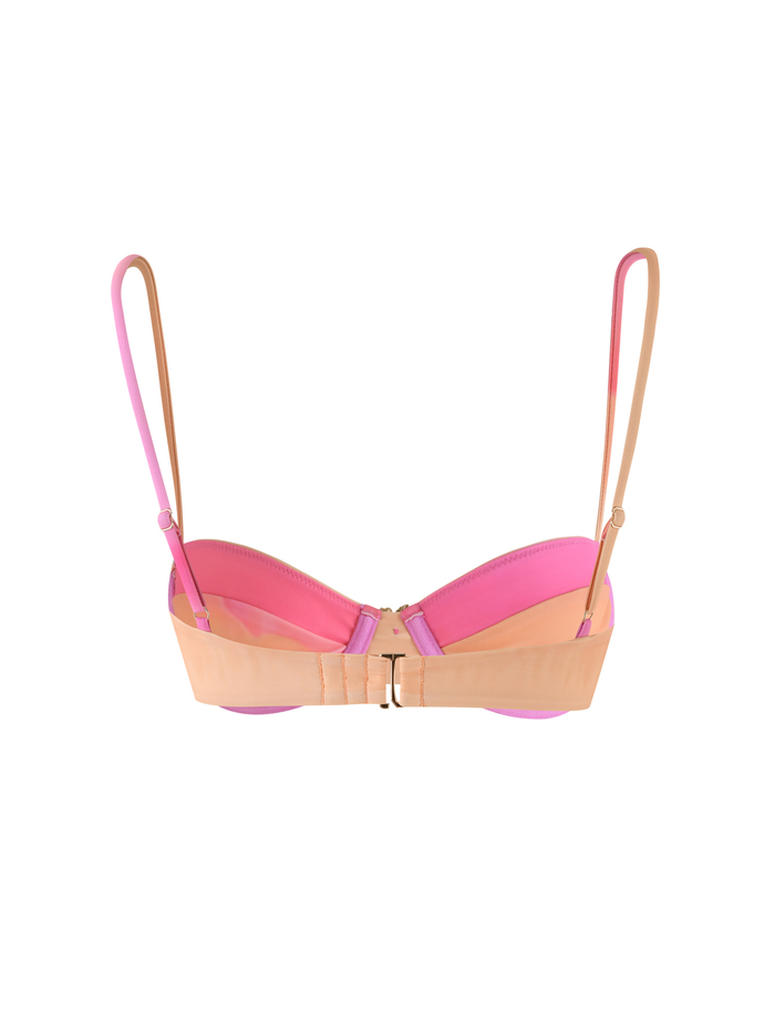 The KHESSA BIKINI TOP - PINK HIBISCUS by TIGERMIST features nude straps, a clasp closure, seamless finish, pink lining, and a subtle gold flower detail on the back.