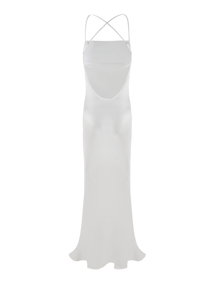 The TIGERMIST KIAH MAXI DRESS - WHITE : ICE is a satin, fitted white maxi dress with crisscross shoulder straps, an open back, and a flared hem for a graceful, elegant look.